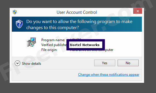 Screenshot where Nortel Networks appears as the verified publisher in the UAC dialog